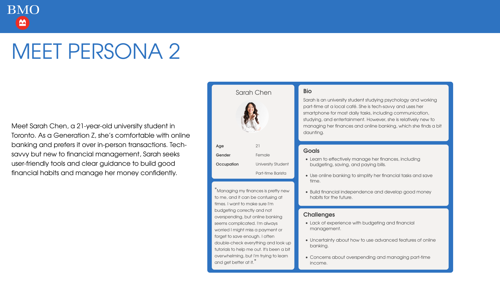 Persona 2 — Sarah Chen, 21, university student and part-time barista