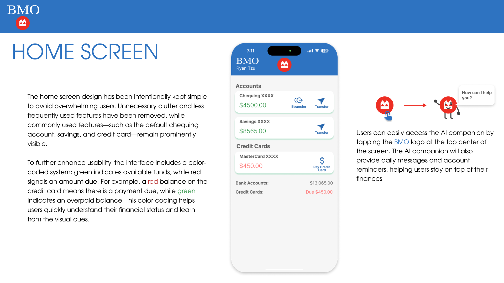 Home screen redesign — accounts overview with color-coded balances and AI companion access