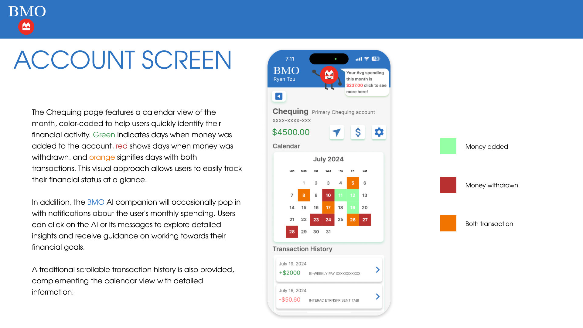Account screen — color-coded calendar view with transaction history and AI spending notifications