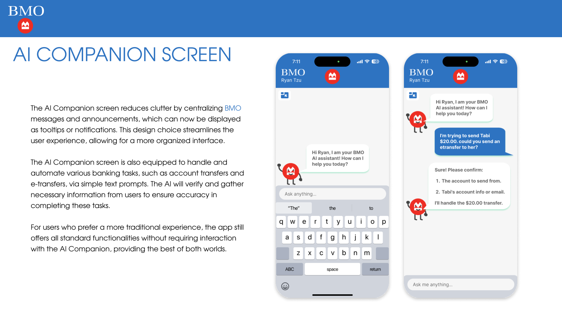 AI Companion screen — chat interface for banking tasks and e-transfers