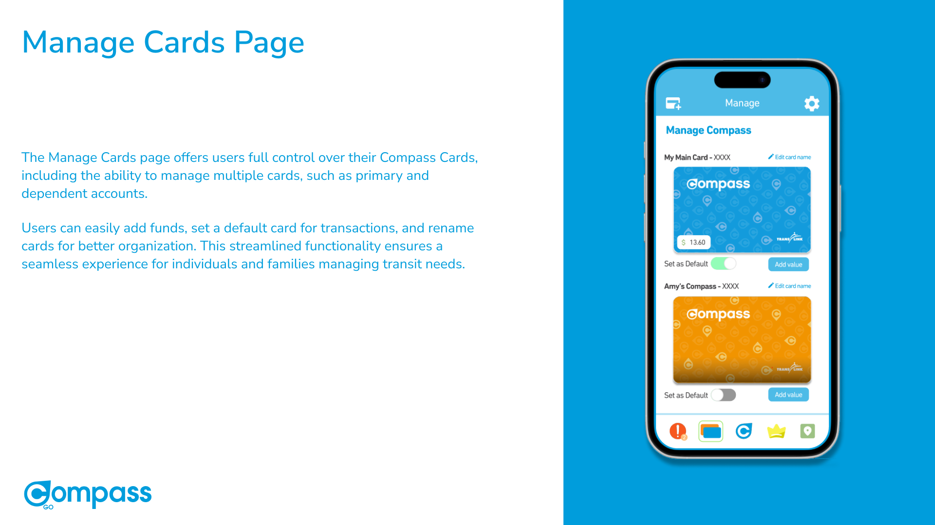 Manage Cards page — primary and dependent card management